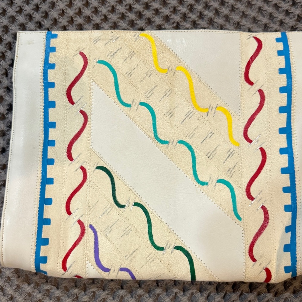 Designer Signed Zushi Cream Embroidered Wave Clutch with Multi-Color Accents